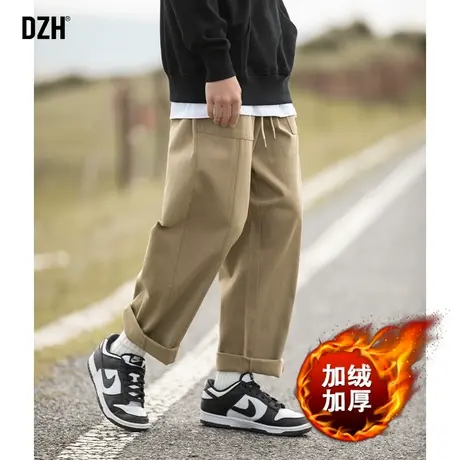 男士加绒裤子男款冬季男裤2023新款加厚卡其色工装裤男阔腿伐木裤商品大图
