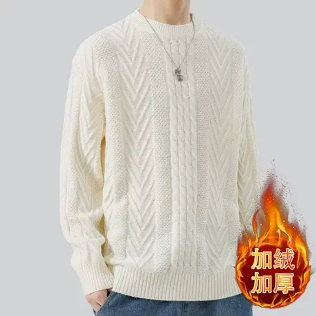加绒加厚毛衣男冬季潮牌绞花针织衫男圆领打底衫青少年保暖毛线衣商品大图