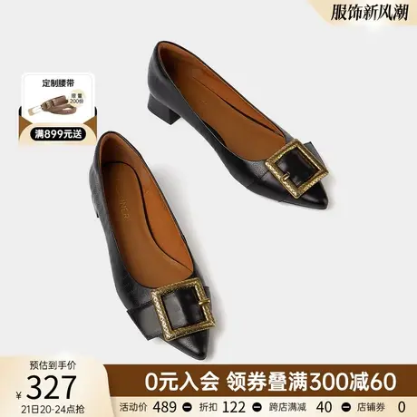 千百度春季浅口尖头女鞋简约金属饰扣通勤时装鞋舒适粗跟单鞋女商品大图