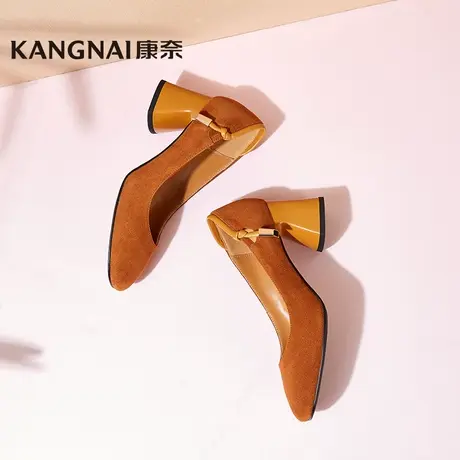 【清仓】康奈女鞋春秋方头时尚套脚粗跟鞋职业正装牛油果绿单鞋潮商品大图