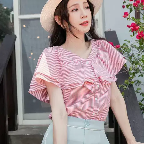 桔熊夏季韩版浪漫度假波浪荷叶袖条纹衬衫舒适上衣女大码AB15949商品大图