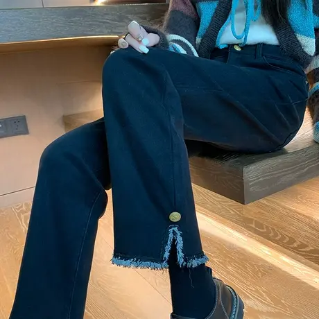 黑色直筒加绒牛仔裤女冬季2024新款高腰显瘦九分小个子法棍烟管裤商品大图