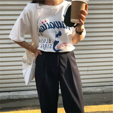 短袖t恤女夏ins超火宽松韩版潮牌女装网红复古港风chic蹦迪上衣服商品大图