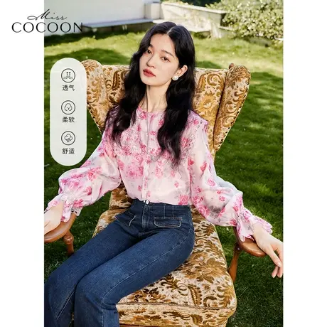 可可尼COCOON2025夏季穿搭高级感法式上衣玫瑰碎花设计感粉色衬衫图片