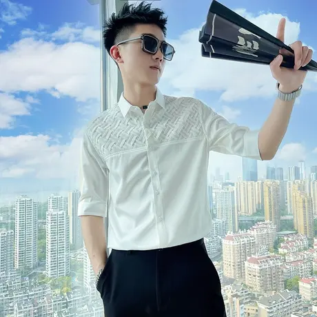 夏季男士短袖衬衫修身中袖修身七分袖潮流休闲帅气拼接发型师衬衣商品大图