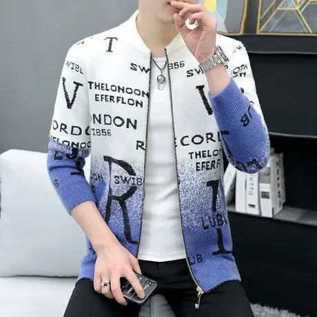 针织开衫男士毛衣春秋季2022新款潮流貂绒线衣夹克外套休闲棒球服商品大图