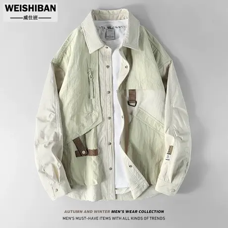 秋冬季新款小众设计感翻领百搭外套潮流青年拼接口袋工装男士夹克商品大图