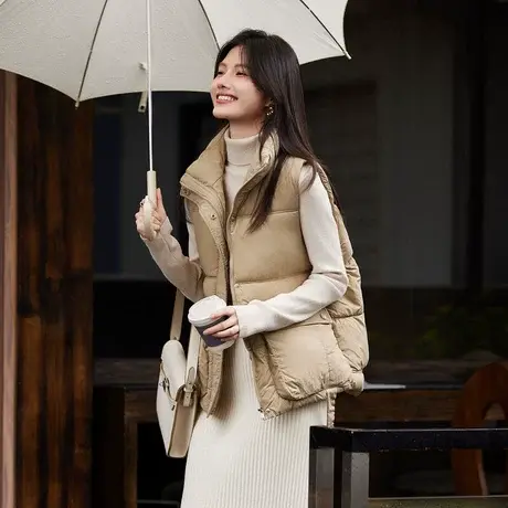 时尚气质简约休闲短款棉服马甲2023年冬季新款翻领简约通勤外套商品大图