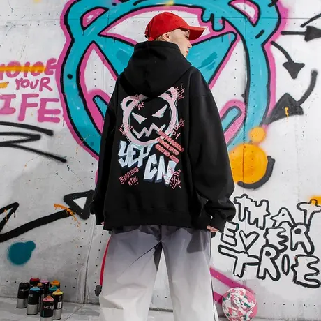 YEP黑色连帽卫衣女oversize美式复古hiphop小众外套嘻哈情侣潮牌图片