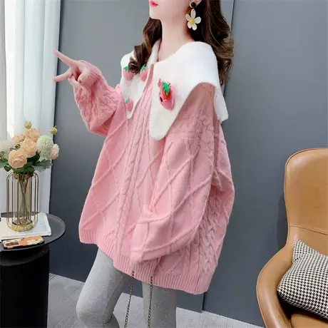 日系甜美减龄娃娃领毛衣女秋冬2023年新款宽松慵懒风洋气针织上衣图片