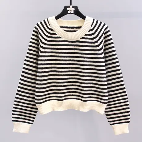 撞色气质条纹套头毛衣女秋冬2023新款宽松显瘦休闲打底针织衫上衣商品大图