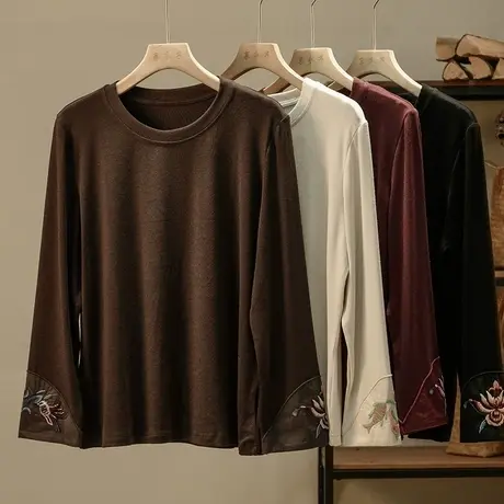 享永子长袖T恤女文艺复古软糯上衣宽松气质减龄刺绣2024秋季新款图片