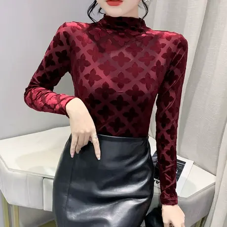 半高领网纱打底衫女春秋性感气质修身显瘦上衣设计感烧花长袖T恤图片