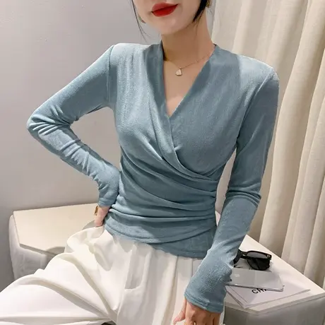 欧货性感交叉V领T恤女长袖2024春秋新款洋气修身上衣设计感打底衫商品大图