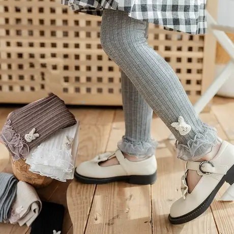 2021秋季新款 格子兔蕾丝花边儿童九分裤 女童棉外穿大PP档打底裤商品大图