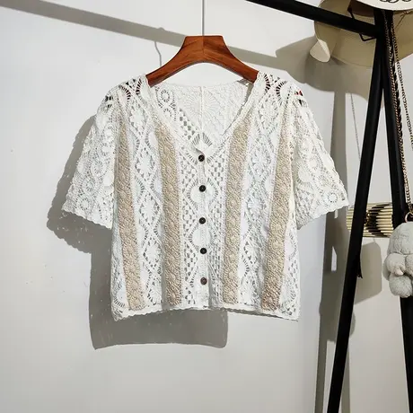 钩花镂空短袖针织开衫女夏季新款吊带裙子外搭气质短款披肩上衣潮图片