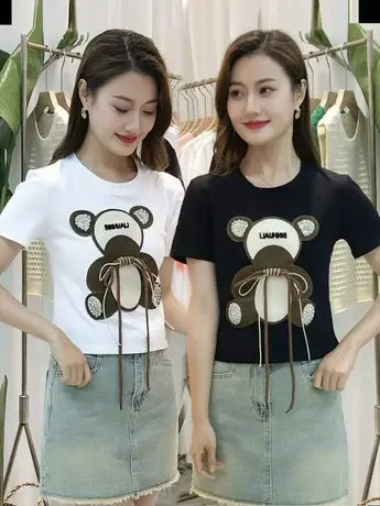 欧洲站2023夏季新款重工刺绣小熊修身短款短袖女装上衣t恤女ins潮商品大图