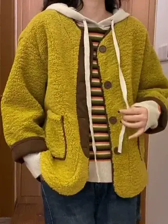 圆领拼接单排扣口袋皮毛一体外套2023秋冬设计感保暖洋气上衣女潮商品大图