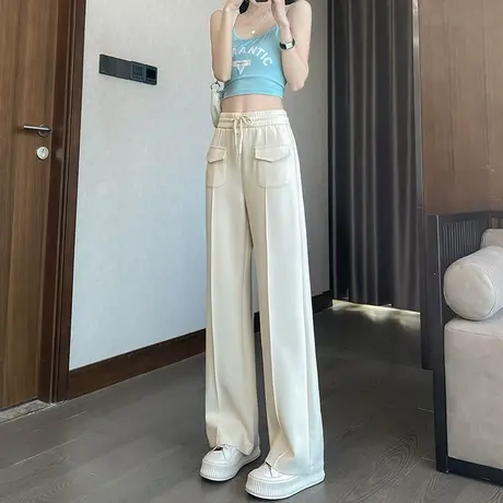 抽绳阔腿裤女2023年春秋新款高腰垂感直筒宽松显瘦运动休闲长裤子图片