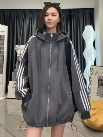 2023秋季新款百搭开衫连帽慵懒风宽松条纹拉链卫衣外套女ins潮款商品大图