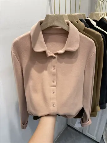娃娃领单排扣套头双面德绒衬衫女2023秋冬新款休闲时尚甜美上衣潮图片