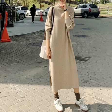 百洛安长款过膝开叉毛衣女冬季新款气质百搭高领针织衫打底长裙厚图片