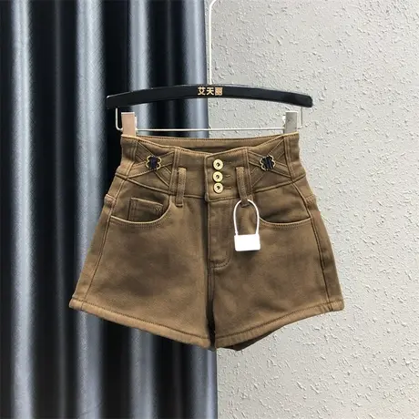 高腰加绒加厚牛仔短裤女2023秋冬新款美拉德风小个子辣妹阔腿靴裤图片