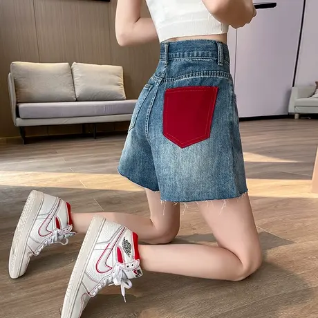 牛仔短裤女2024年春夏新款高腰A字宽松显瘦设计感撞色阔腿热裤潮图片