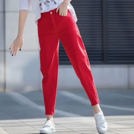 老爹红色裤子休闲牛仔裤女2024年新款春秋流行女士九分哈伦萝卜裤图片