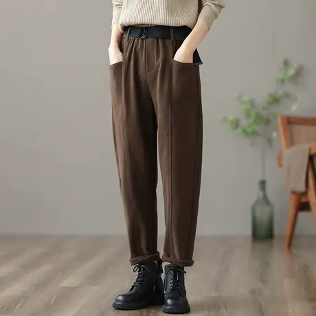 dza 高腰显瘦加绒裤子女士冬季长裤宽松阔腿裤加厚加绒复古哈伦裤图片