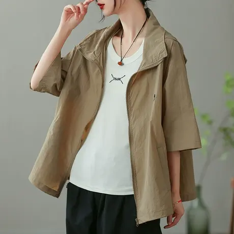 dza 复古纯色短外套女2023夏薄款休闲开衫防晒衣宽松显瘦外搭上衣图片