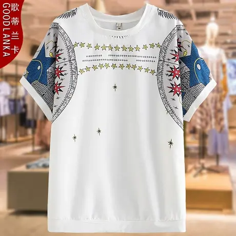 中年妈妈夏装短袖T恤女200斤大码宽松时尚印花拼接蝙蝠袖纯棉上衣商品大图