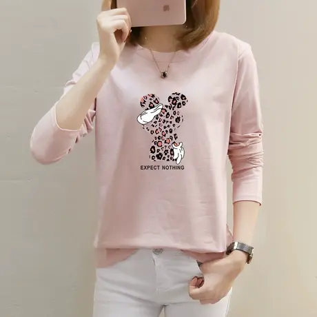 纯棉春秋装粉色打底衫2022年新款秋季洋气内搭韩版长袖t恤女上衣商品大图