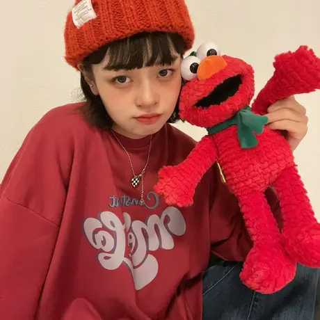 红续复古酒红色薄款圆领字母卫衣女宽松小个子长袖外套春秋新款图片