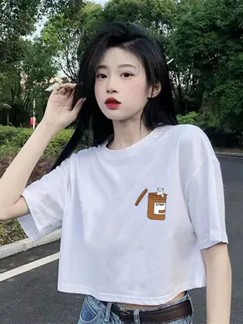 vintage港风复古短款t恤女韩版vibe风白色高街小个子短袖上衣潮商品大图