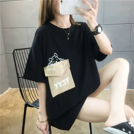 网红ins超火短袖t恤女夏季韩版宽松中长款设计感小众口袋上衣服潮商品大图