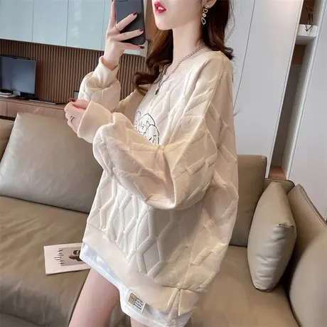 早春装华夫格卫衣女春秋季韩版宽松薄款初春中长款假两件上衣外套商品大图