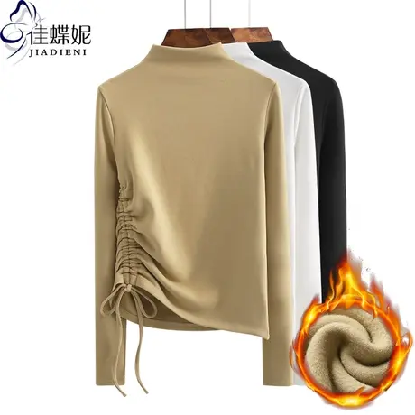秋冬季韩版半高领纯棉显瘦抽绳长袖体恤上衣内搭女打底衫加厚磨毛图片