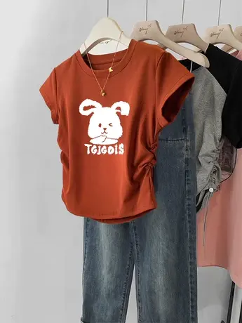 正肩短袖t恤女夏季女装2023新款ins潮辣妹减龄修身短款小飞袖上衣商品大图