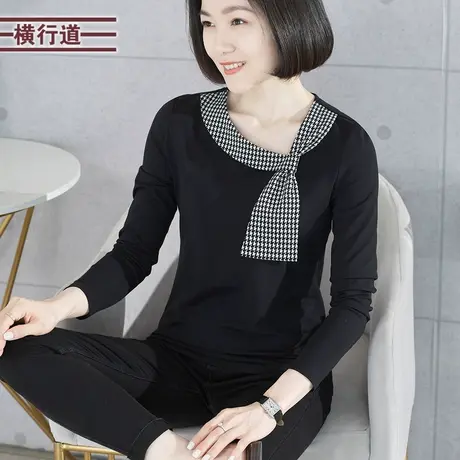 2025新款春装千鸟格丝巾领中年妈妈长袖T恤女装大码莫代尔打底衫商品大图