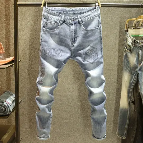 夏季欧洲站牛仔裤男士夏季薄款修身小脚裤高端时尚烫钻潮牌长裤子商品大图