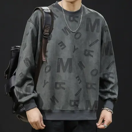 麂皮绒潮牌卫衣男春秋款圆领男款衣服春季2024新款长袖大码春秋款商品大图