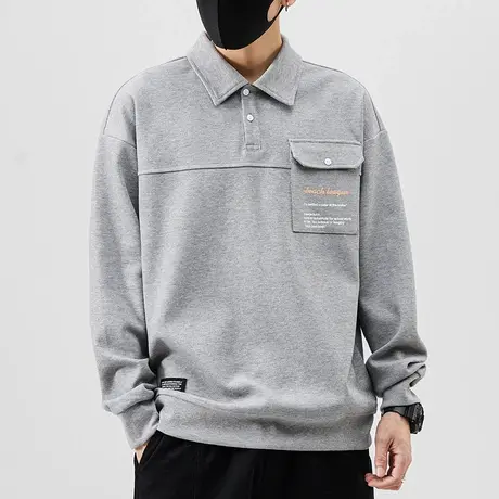 春秋款男士翻领口袋上衣男款春季重磅长袖T恤春天Polo衫卫衣男装商品大图