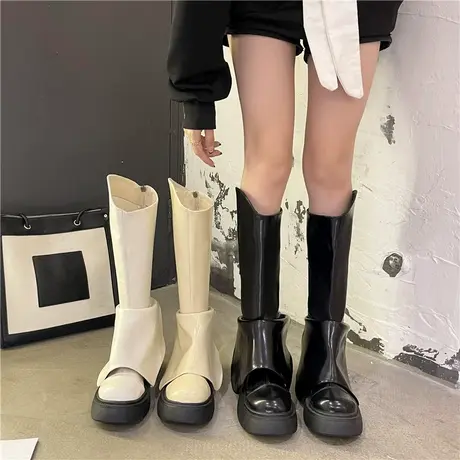 白色中筒靴女春秋高筒靴厚底小个子v口长筒靴粗腿可爱弹力裤管靴商品大图