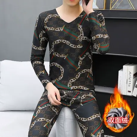2023秋冬新款男士德绒无痕保暖内衣套装双面绒睡衣潮流时尚帅气男图片