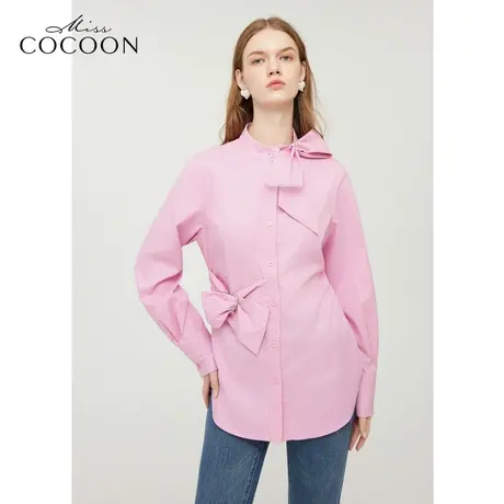 【秋上新】missCOCOON粉色衬衫上衣女2023秋新款蝴蝶结设计感衬衣商品大图