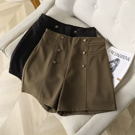伊自尚2023年新款韩版胖mm大码女装秋季高腰百搭加厚毛呢短裤女潮商品大图