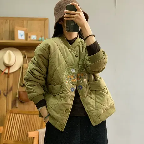 dza 复古短款菱格棒球领棉衣外套女冬季新款宽松加厚纽扣棉服上衣图片