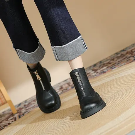 马丁靴女2024年新款冬季加绒英伦风粗跟短靴厚底增高黑色瘦瘦靴子图片