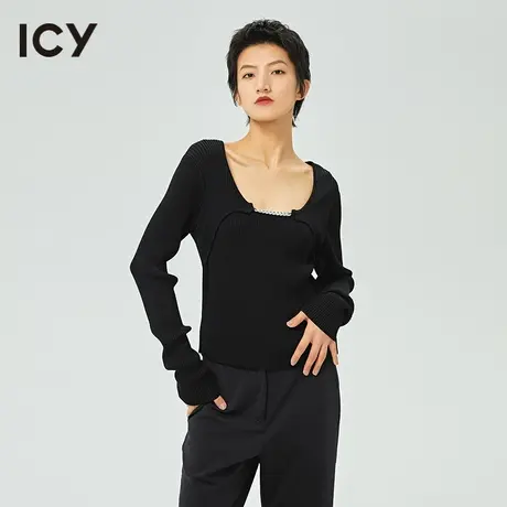 icy春秋新款外穿链条镂空方领长袖弹力修身针织衫女商品大图